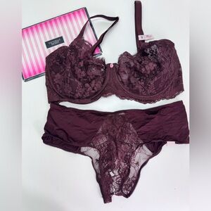 🔥Victoria's Secret Deep Purple Lace Bra and Panty Set 38DDD//L cheeky NWT